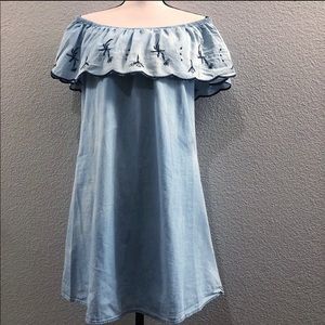 Chambray Embroidered Off Shoulder Ruffle Dress Large